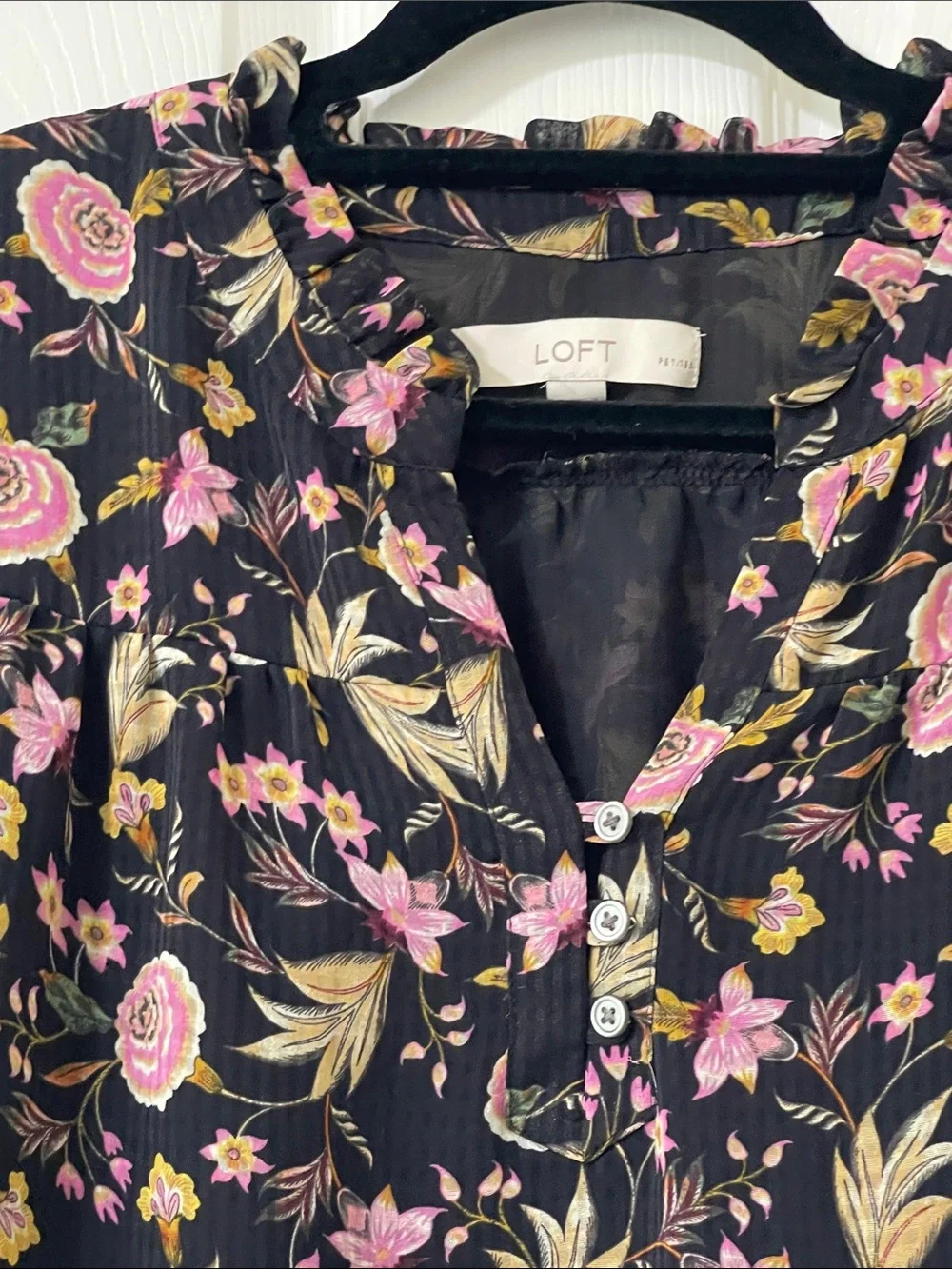 LOFT Black Blouse with Pink Rose Floral Print